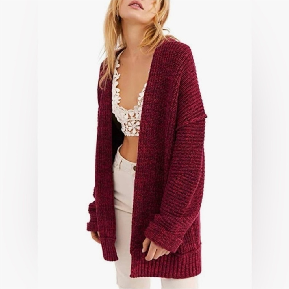 Free People High Hopes Open Front Chunky Knit Cardigan Sweater Plum Blossom Red